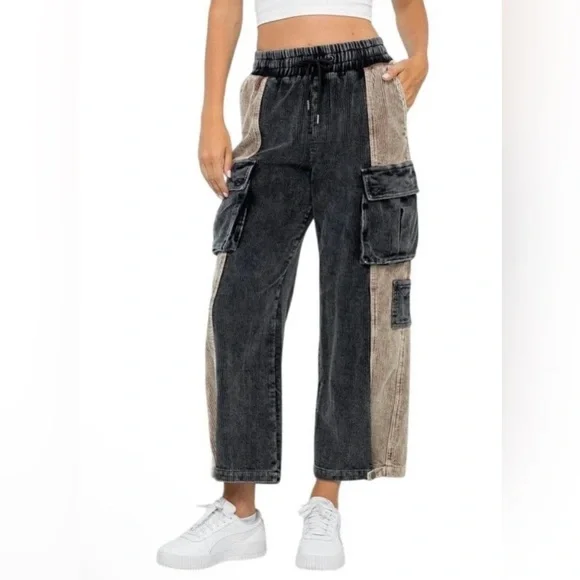 Stoosh Black and Tan Corduroy Color Block Cargo Pants - Picture 4 of 10